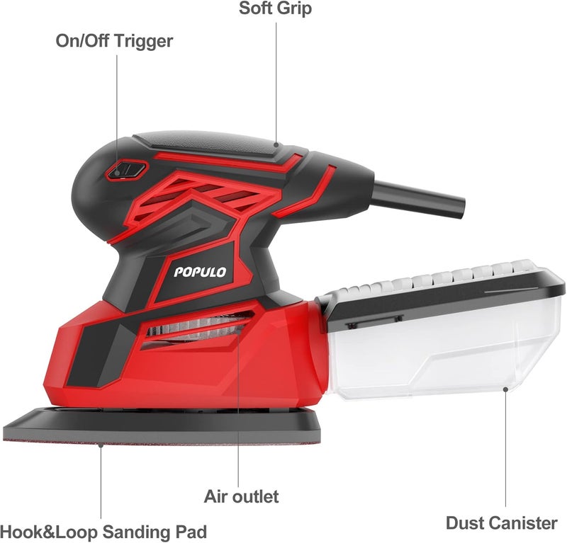 populo Electric Sander Tool,Hand Sander 14,000 OPM with 12 Pieces Sandpapers with Vacuum Attachment, Detail Sander with Dust Box for Woodworking,Suitable for Tight Spaces Sanding,Polishing - Image 5